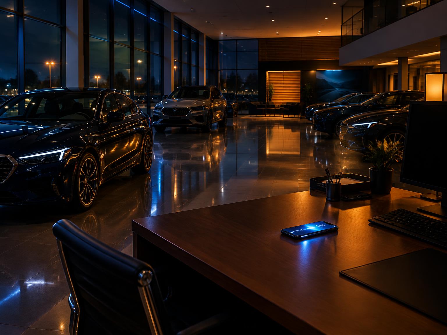 Car dealership showroom at night with a phone glowing on the desk