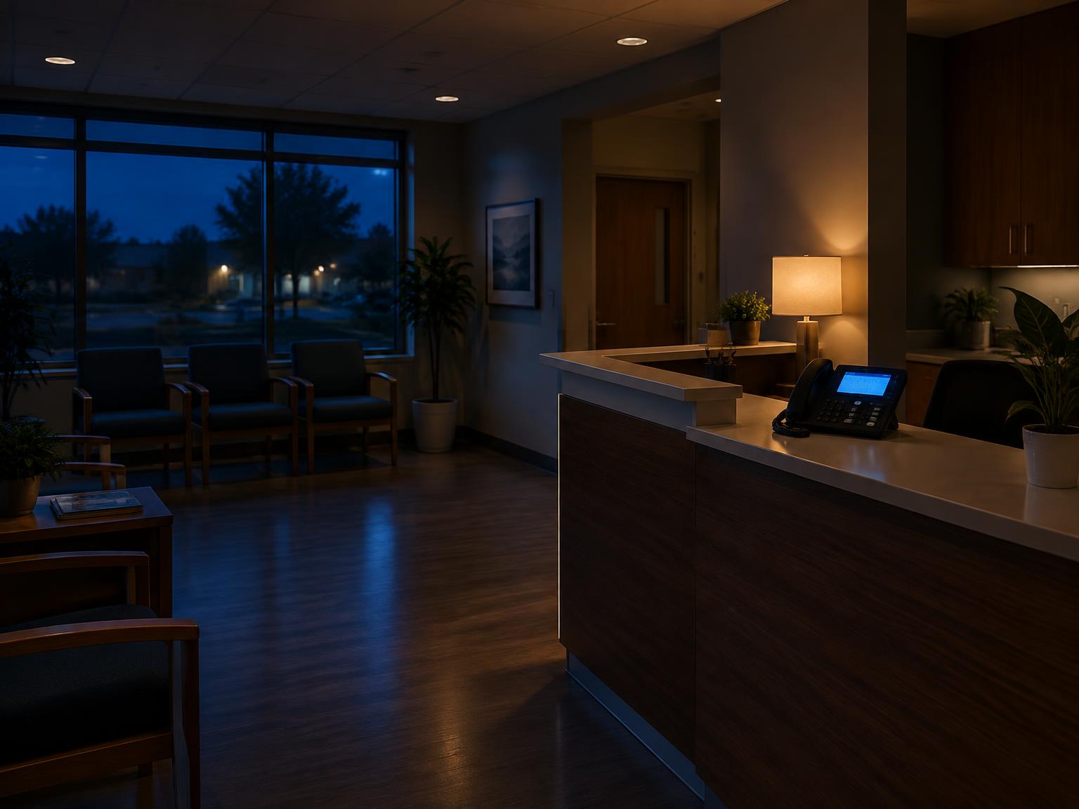 Clinic reception at night with the desk phone glowing