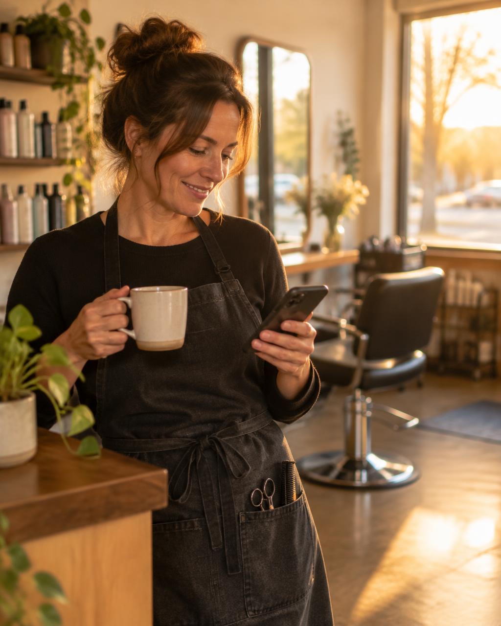 Owner reading her morning brief with a coffee