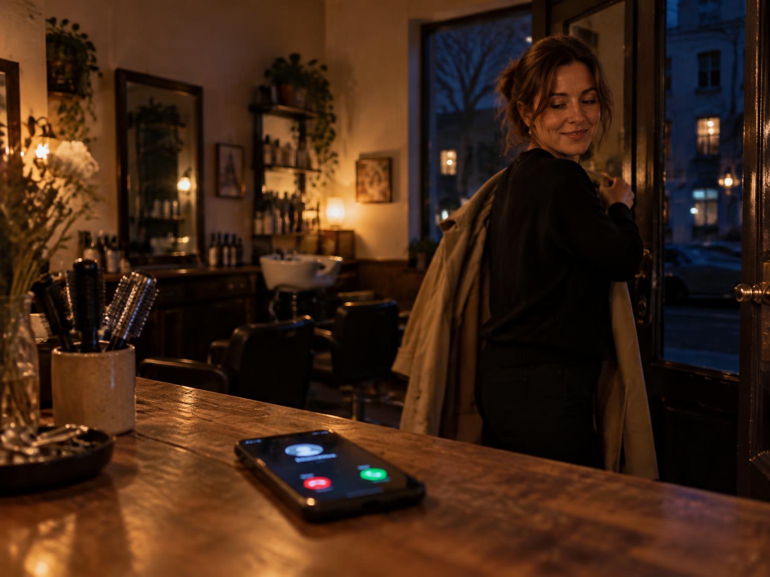 Salon owner closing up at night while her phone rings on the counter