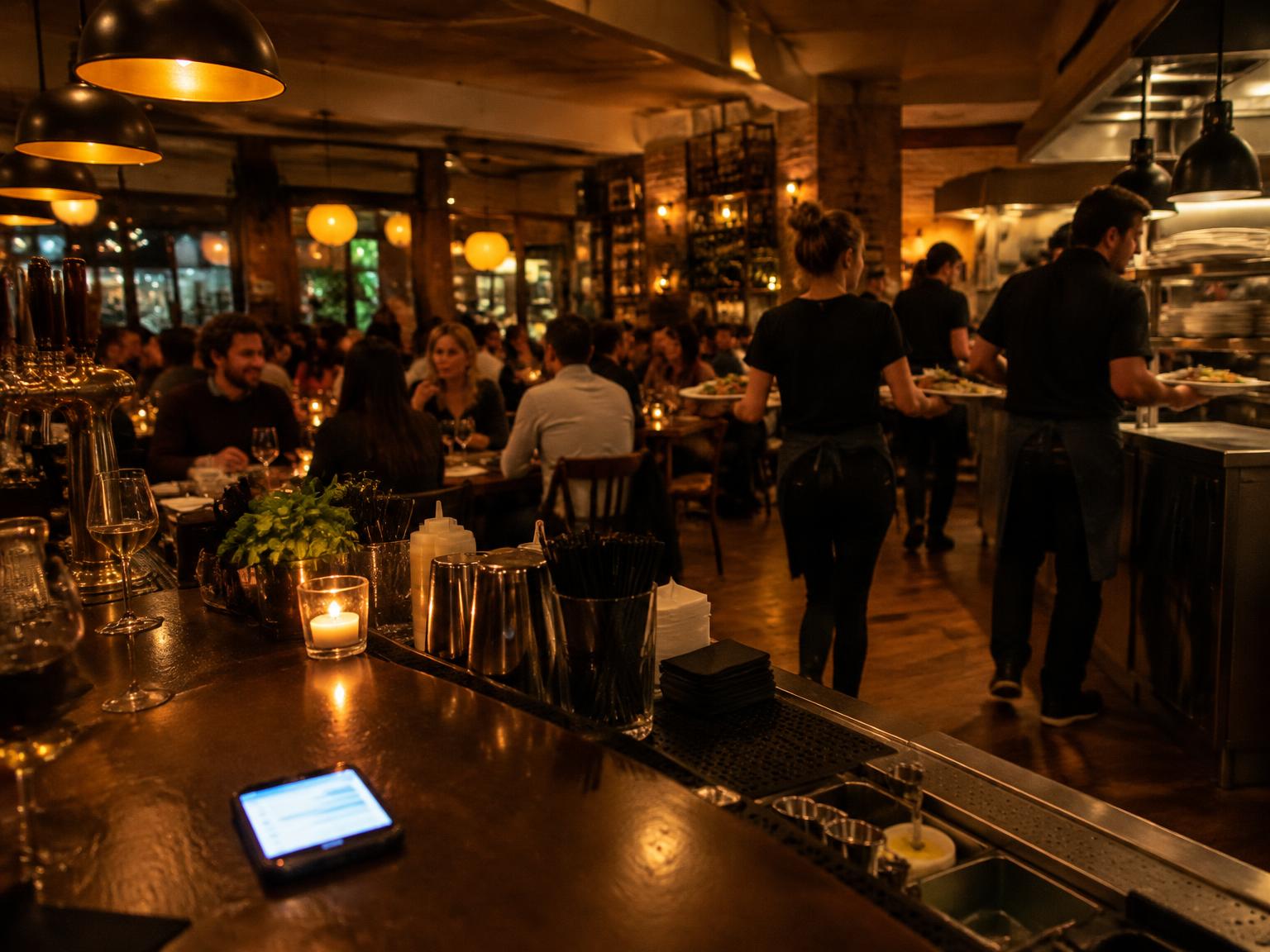 Busy restaurant at night with a phone glowing on the bar
