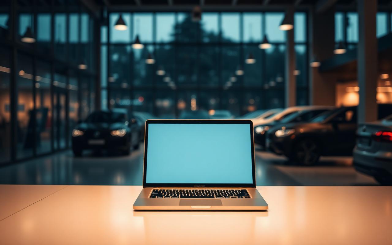 Laptop on a sales desk inside a dealership showroom at dusk